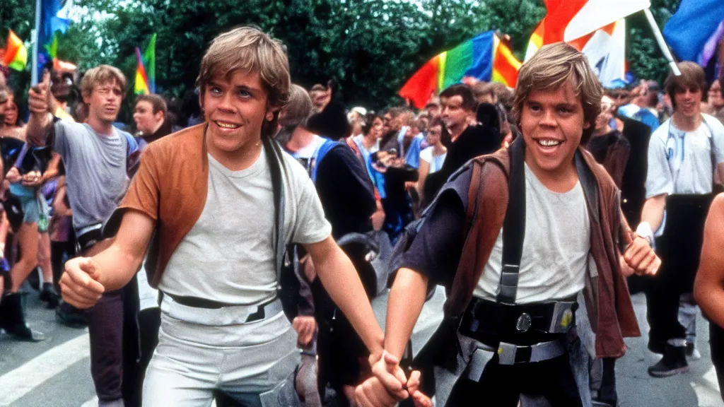 Prompt: rotj luke skywalker goes to pride, getty images, victorious, flags, parade, gay rights, bright smiles, daylight, twenty three year old luke skywalker at gay pride, 3 5 mm photography, very happy, played by young mark hamill, smiling