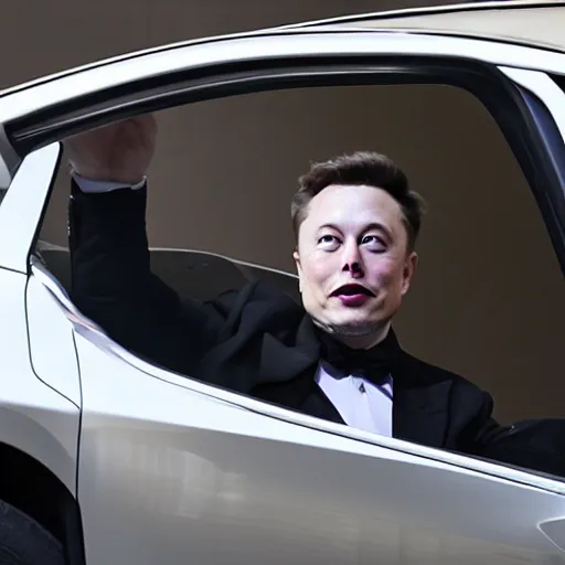 Image similar to Elon Musk waving out the driver's side window of a Rivian