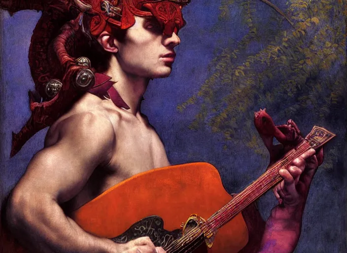 Image similar to a tiefling bard with red skin and horns, wearing purple playing guitar. edgar maxence and caravaggio and michael whelan and delacroix style, artistic, intricate painting, cinematic lighting, hyper realistic, extremely detailed, vivid colors, establishing shot, dramatic lighting