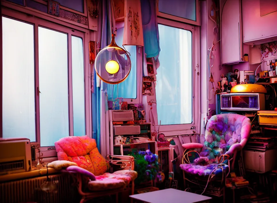 Image similar to telephoto 7 0 mm f / 2. 8 iso 2 0 0 photograph depicting the feeling of chrysalism in a cosy cluttered french sci - fi ( art nouveau ) cyberpunk apartment in a pastel dreamstate art cinema style. ( fridge, computer screens, window ( city ), fish tank, lamp ( ( ( armchair ) ) ) ), ambient light.