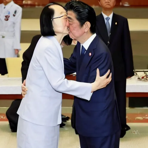 Image similar to Shinzo Abe warmly kisses Tsai Ing-wen.