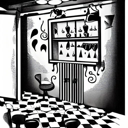 Prompt: ice cream parlor ( 1 8 5 0 ) is dimly lit with a one flickering lightbulb. an ice cream case in the room has leaked runny ice cream onto the floor, the shape of the leak is reminiscent of werewolf fangs. there is an eerie blue electric glow about. digital art, 3