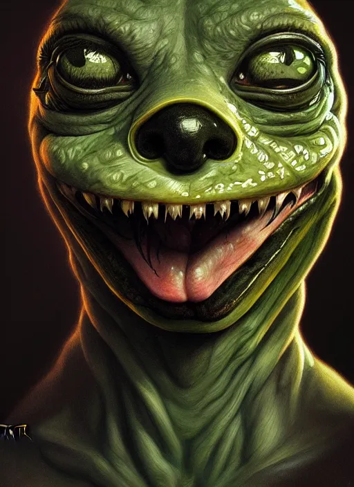 Image similar to 4 chan pepe, drool, portrait, intricate, elegant, highly detailed, digital painting, artstation, concept art, wallpaper, smooth, sharp focus, illustration, art by h. r. giger and artgerm and greg rutkowski and alphonse mucha