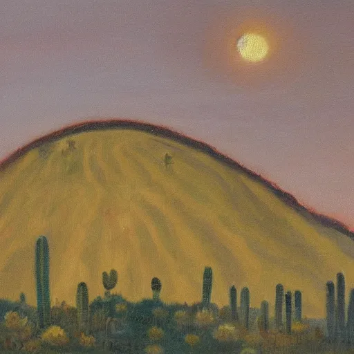 Image similar to a conrad bluff oil painting of a small hill covered in cactus with a circular 1 0 lane highway at it's base full of evening traffic