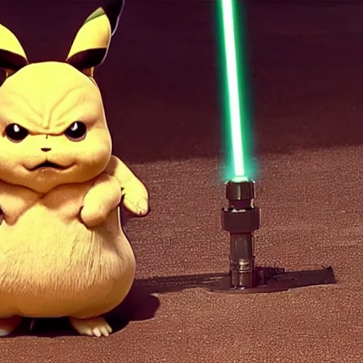 Prompt: film still from star wars the force awakens danny devito as pikachu