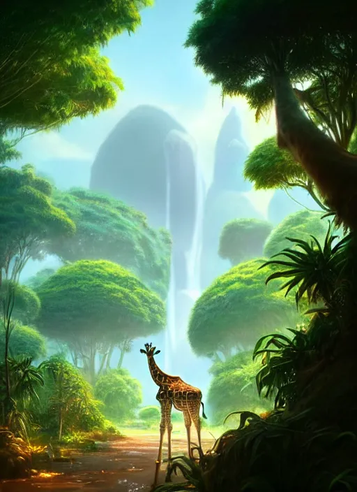 Image similar to a wholesome animation key shot of a giraffe, jungle in the background, studio ghibli, pixar and disney animation, sharp, rendered in unreal engine 5, anime key art by greg rutkowski, bloom, dramatic lighting