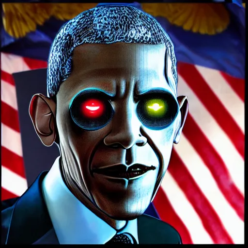 Prompt: Cyborg Obama with glowing eyes