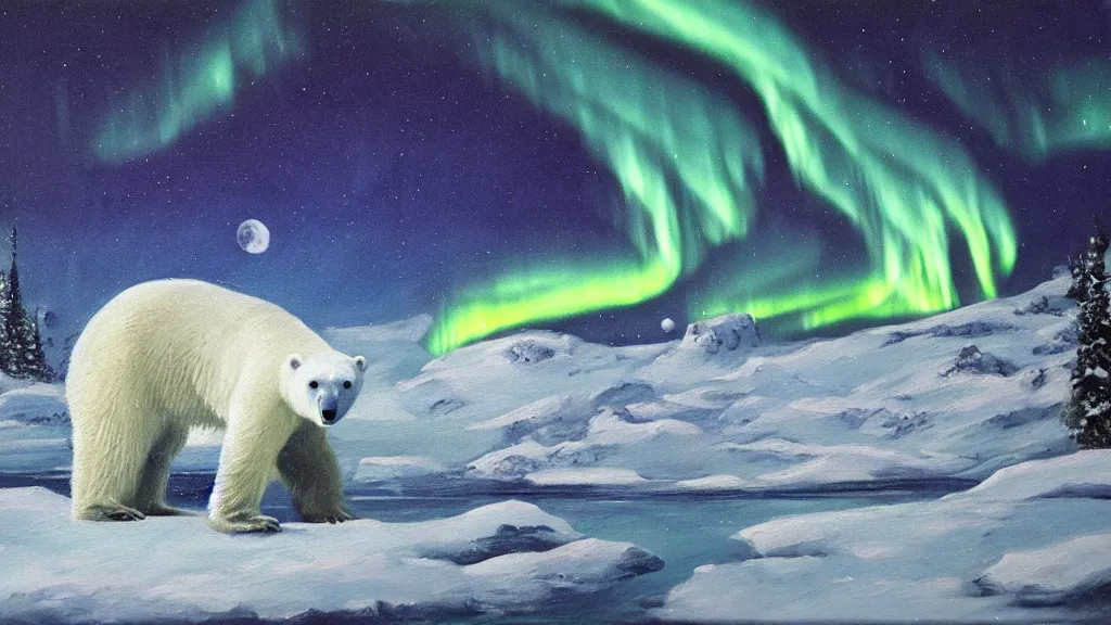 Image similar to an oil painting of a close - up polar bear traversing a snowy landscape at night, the northern lights and the moon are visible