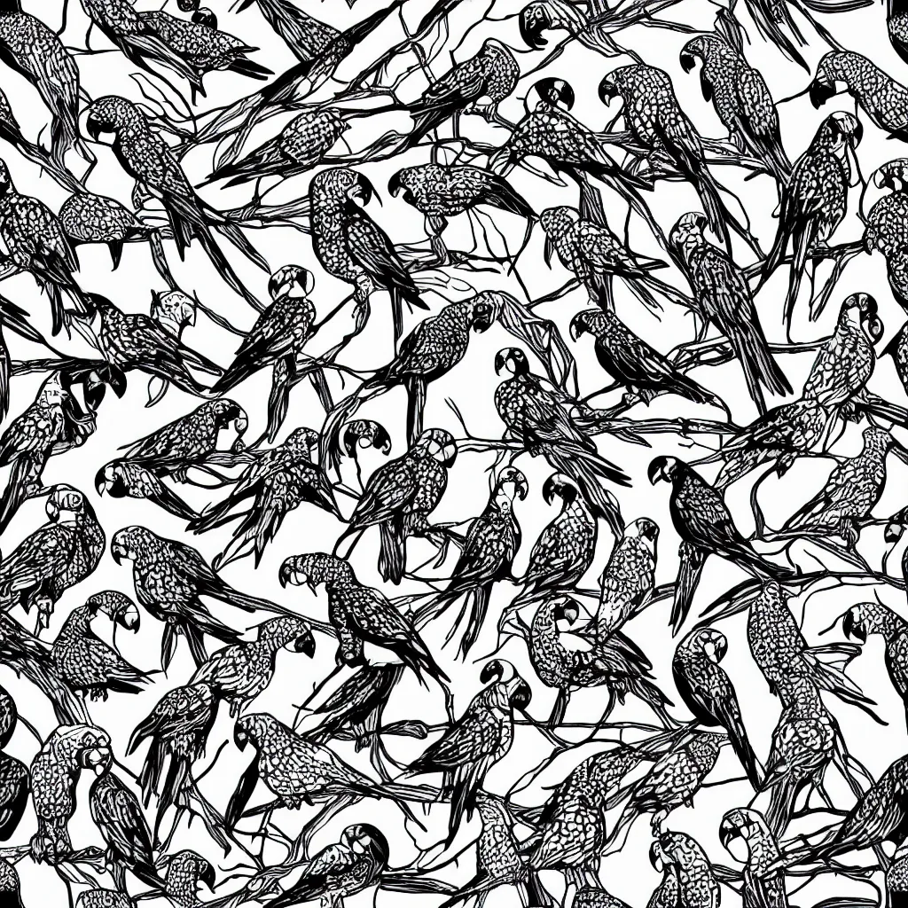 Prompt: seamless pattern of parrots. black and white, drawing, white background, seamless, ornament.