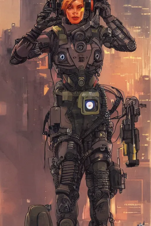 Image similar to Dinah. USN special forces futuristic recon operator, cyberpunk military hazmat exo-suit, on patrol in the Australian autonomous zone, deserted city skyline. 2087. Concept art by James Gurney and Alphonso Mucha