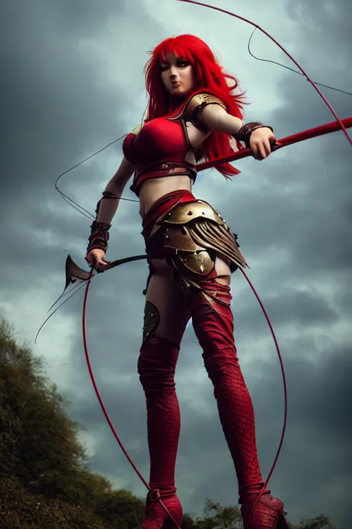 Prompt: Female archer, dnd, d&d, leggins, red skintight leather armor, red hair, Low-Angle, visible face!, beautiful face!, alluring, D-cup, toned derriere, high fantasy, realistic!, extremely detailed, matte painting, by wlop and Frank Franzzeta, octane
