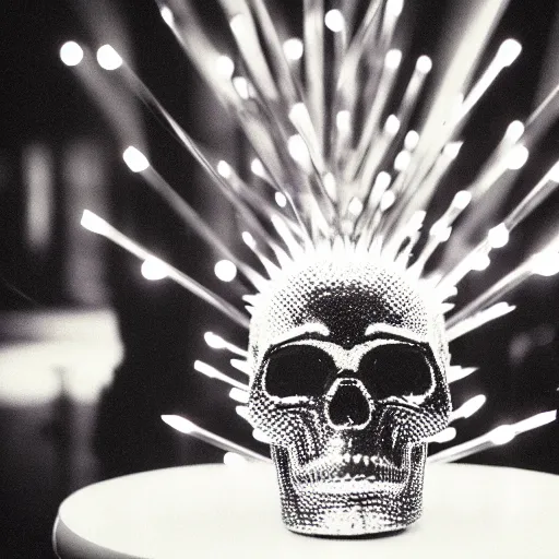 Image similar to a disco skull full of long spikes, reflecting light in a nightclub, grainy film photograph