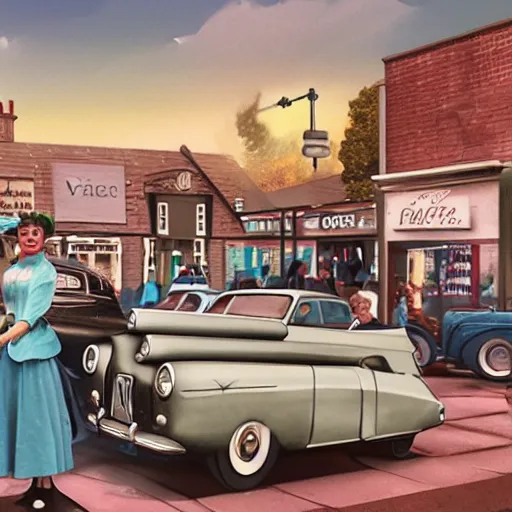 Prompt: digital matte glossy painting nostalgic 1 9 5 0 s ice cream and village britain people cars, detailed in the style of trevor mitchell