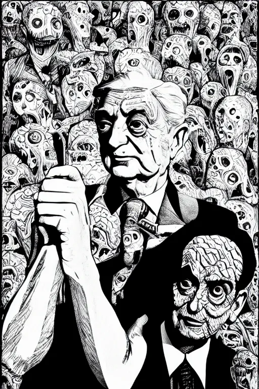 Image similar to George Soros full body portrait, body horror, black and white Illustration by Junji Ito