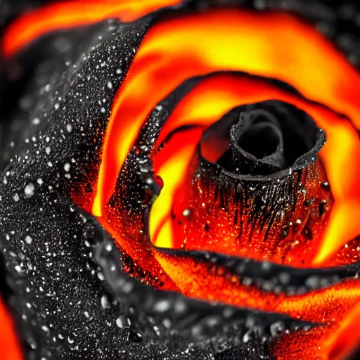 Image similar to award - winning macro of a beautiful black rose made of glowing molten magma