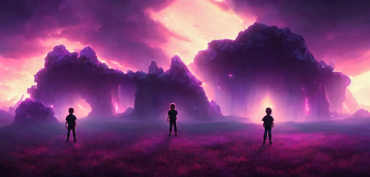 Prompt: a kid standing in front of the glowing purple entrance to go to another place, cinematic view, epic sky, detailed, concept art, low angle, high detail, warm lighting, volumetric, godrays, vivid, beautiful, trending on artstation, by jordan grimmer, huge scene, grass, art greg rutkowski