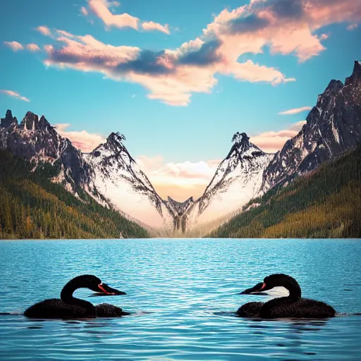 Prompt: photo of two black swans swimming in a beautiful reflective mountain lake, touching heads, forming a heart with their necks, a hot air balloon flying above the swans , granular detail, hot air balloon, intricate, portrait, 8k highly professionally detailed, HDR, CGsociety, octane render, 4k, f32,55mm photography, wide angle