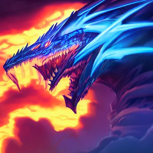 Image similar to a symmetrical dragon slightly covered in blue flames while roaring at the sky, low angle, concept art, cinematic pose, trending on artstation deviantart, 8k UHD, extremely detailed