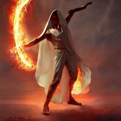 Image similar to Artwork by Craig Mullins, human size mantis mage in white cape casting fireball using a long magic stuff.