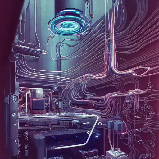 Image similar to an immaculate octane redshift render of the nexus between a vast modern computing center and an alchemist\'s lab with exposed circuit boards, nixie tubes and tesla coils by Zdzisław Beksiński and beeple, beautiful modern colors, ultradetailed, 4k ultra