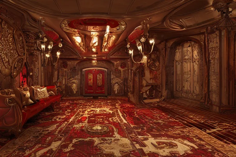 Image similar to red baroque steampunk spaceship interior, viewport, commander's deck made of bone, rendered in unreal engine 5, cryengine, arnold and zbrush, epic lighting. persian rug, pipes, luxury furniture