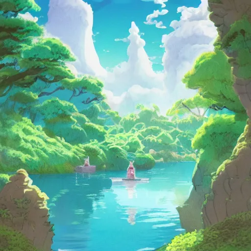 Prompt: a beautiful lake, fantasy art, fresh and bright illustration, animated film, by studio ghibli