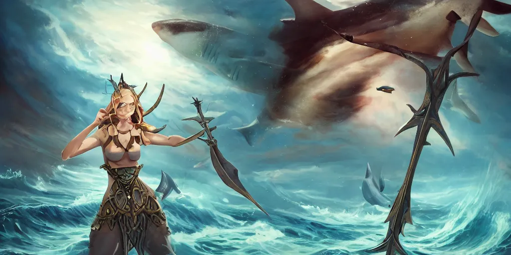 Image similar to close up of a extremely beautiful and aesthetic shark tooth girl holding a symmetrical trident on the horizon, perfect face, symmetric eyes, model pose, slightly smiling, sun set, big wave, big blade whale fighting against thorn sharks flying on the background, epic scene, fantasy illustrations, by peter mohrbacher and makoto shinkai and ferdinand knab