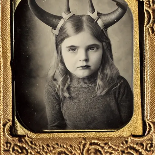 Prompt: tintype photo, girl with horns