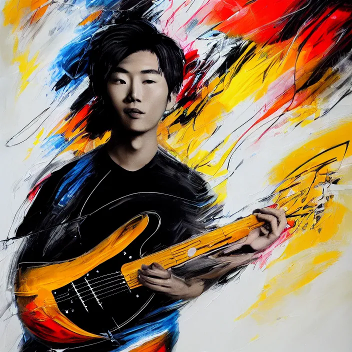 Image similar to abstract large swirly brush strokes painting of a young korean man wearing stylish black v neck t shirt holding a telecaster!!! electric guitar!!, candid!! dark background, huge thick flowing dramatic brush strokes, matte colors, abstract, impressionist, motion, trending on artstation