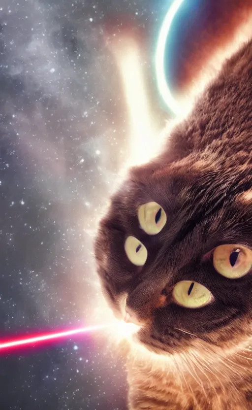Image similar to A cat with anomalously giant eyes fires lasers from its eyes into the Death Star, realistic, photo, 8k, detailed, high resolution