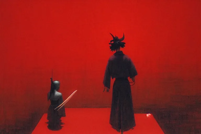 Image similar to only with red, a red samurai, tokio in background, some evil yokai, in the style of beksinski, parts by edward hopper, parts by rodcenko, parts by yue minjun, intricate and epic composition, red by caravaggio, insanely quality, highly detailed, masterpiece, red light, artstation, 4 k