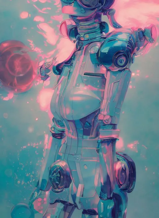 Prompt: surreal gouache painting, by yoshitaka amano, by ruan jia, by conrad roset, by Kilian Eng, by good smile company, detailed anime 3d render of a female mechanical android maid, portrait, cgsociety, artstation, modular mechanical costume and headpiece, retrowave atmosphere