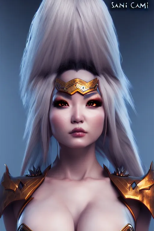 Image similar to sakimi chan, fantasy armor, detailed face, curvy, white skin, tony sart, unreal engine