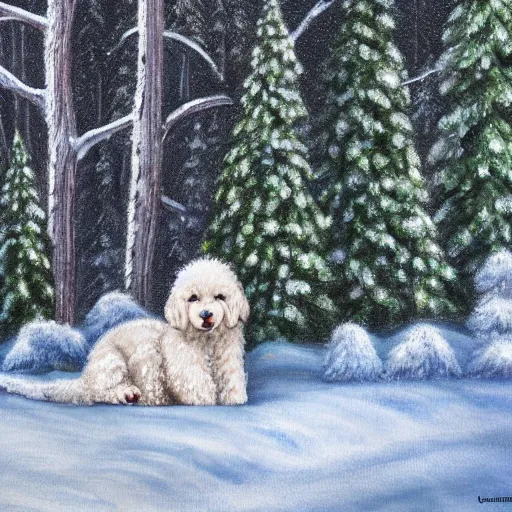 Prompt: cute fluffy white labradoodle puppy sitting in snowy winter forest landscape detailed painting 4k