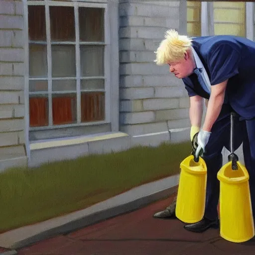 Image similar to A fine art painting of Boris Johnson doing community service in a high vis vest, he is picking litter on a British street. In the style of Edward Hopper and Wes Anderson