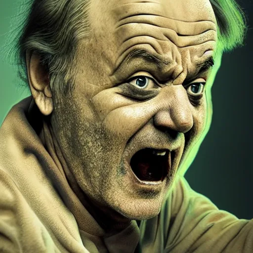 Image similar to bill murray as angry zombie portrait, horror core, apocalyptic, bathrobe, pale skin, wounds, one eye hanging out, snarling, dramatic, sharp focus, fiction, hyper detailed, digital art, trending in artstation, cinematic lighting, studio quality, smooth render, unreal engine 5 rendered, octane rendered, art style and nixeu and wlop and krenz cushart