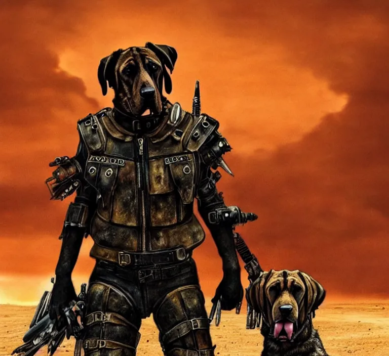 Image similar to a good ol'bloodhound pup fursona ( from the furry fandom ), heavily armed and armored facing down armageddon in a dark and gritty version from the makers of mad max : fury road. witness me.