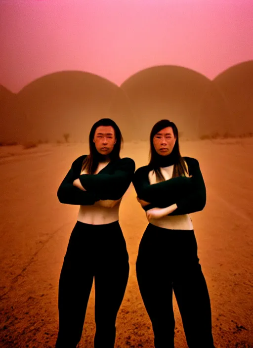Image similar to photographic portrait shot on cinestill 5 0 d of two loving clones in front of a brutalist dark metal facility, techwear women on a desolate plain with a red sky, diverse, dust storm, 3 5 mm, 8 k, depth of field, high resolution, ultra realistic faces