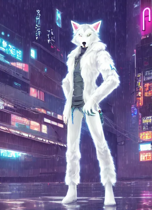 Image similar to character portrait of a male anthro white wolf fursona with a tail and a cute beautiful attractive furry face wearing stylish cyberpunk clothes in a cyberpunk city at night while it rains. hidari, color page, tankoban, 4K, tone mapping, Akihiko Yoshida.