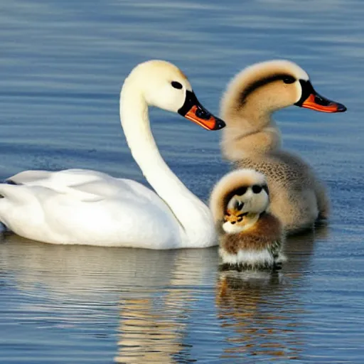 Prompt: a crossbreed of wild duck and a swan, with chicks, photo