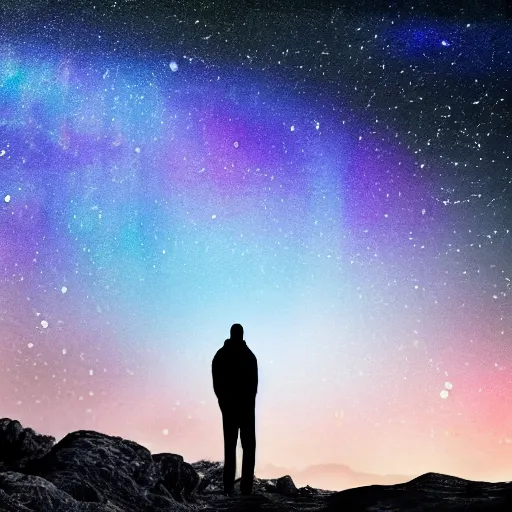 Image similar to 4K Epic Ultra HD detailed award-winning wallpaper silhouette of lonely man holding a bright flashlight looking at huge vast sky universe Milky Way aurora