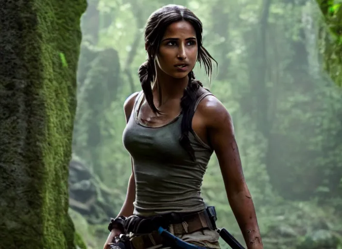 Image similar to film still of!!!! naomi scott!!! as lara croft in new tomb raider movie, 8 k