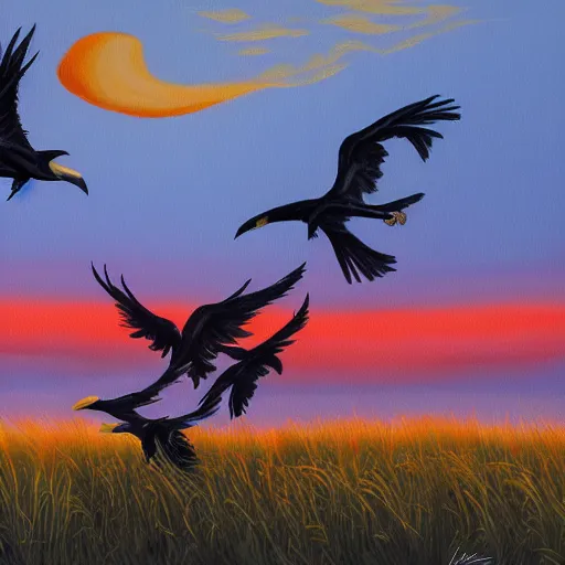 Prompt: a painting of a beautiful flock of crows flying at sunset, trending on artstation, masterpiece