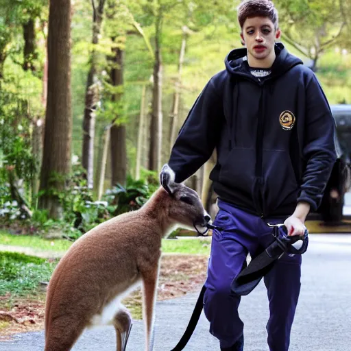 Image similar to Pete Davidson walking a kangaroo, 4k, photorealistic,