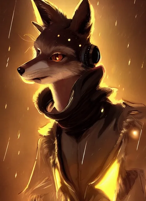 Image similar to award winning beautiful portrait commission of a male furry anthro melanated fox fursona with a tail and a cute beautiful attractive detailed furry face wearing stylish black and gold cyberpunk clothes in a cyberpunk city at night while it rains. Character design by charlie bowater, ross tran, artgerm, and makoto shinkai, detailed, inked, western comic book art