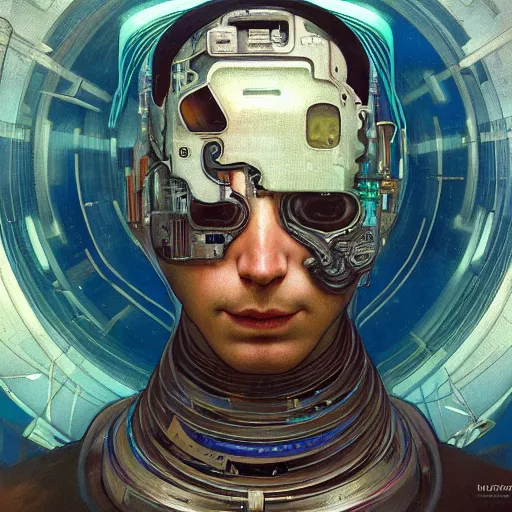 Image similar to portrait of old male android, coy, circuitry visible in head, in the style of ex machina, karol bak, alphonse mucha, greg rutkowski, award winning, hr giger, artstation