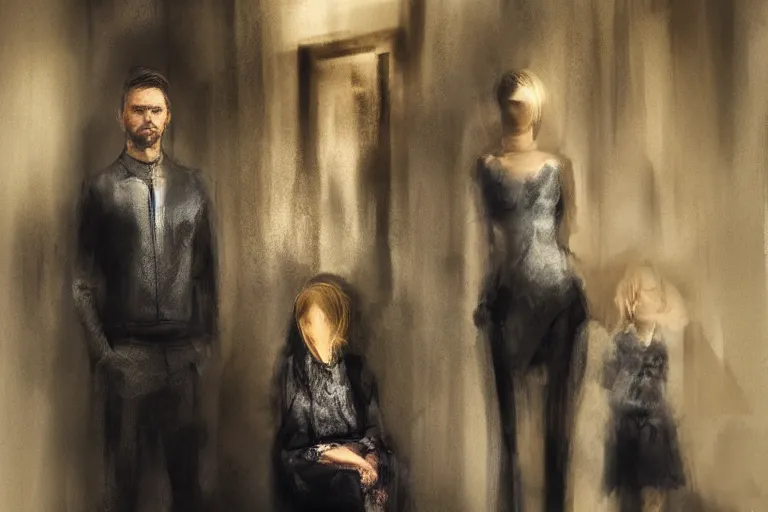 Prompt: selfsufficient and wealthy family watching tvin style of paolo roversi, britt marling style 3 / 4, 8 k, sharp focus, soft light, volumetric lighting, highly detailed realistic, refined, artstation