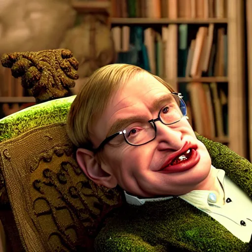 Image similar to stephen hawking as shrek, cgi movie still,