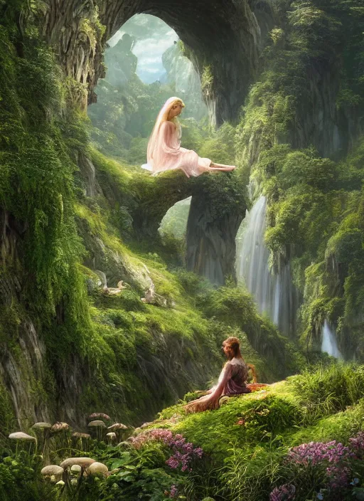 Prompt: an elegant fairy with wings of lace sitting and looking out at a lord of the rings scenery landscape, vast lush valley flowers and mushroom structures, stream, sunrise, god's rays highly detailed, vivid color, cinematic lighting, perfect composition, 8 k, gustave dore, derek zabrocki, greg rutkowski, belsinski, octane render