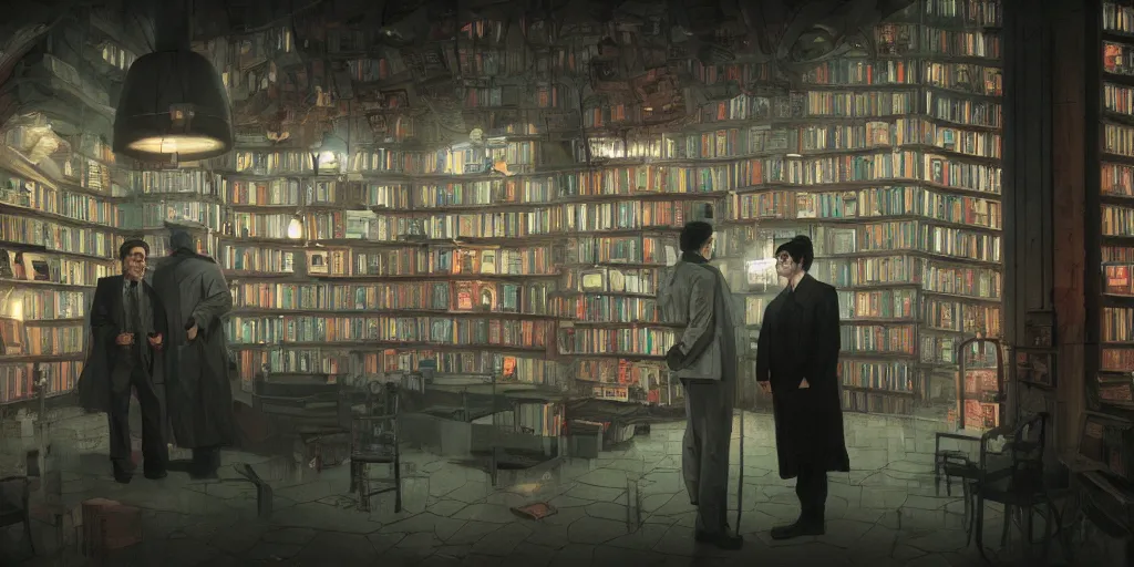 Image similar to cinematic shot of the portrait of an jorge luis borges and an old franz kafka as owners of a bookstore full of books, dystopian future, neon lights, sci - fi, night lights, haze, concept art, intricate, in the style of katsuhiro otomo, akira, unreal engine